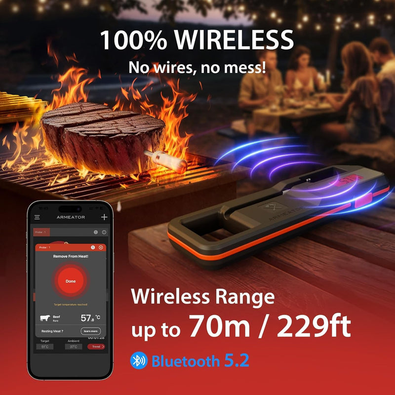 Wireless Bluetooth Meat Thermometer with Dual Sensors- Long Range Bluetooth Meat Thermometer for Grill, Air Fryer, Oven Real Time Instant Read Monitoring Red/black-1 Probe