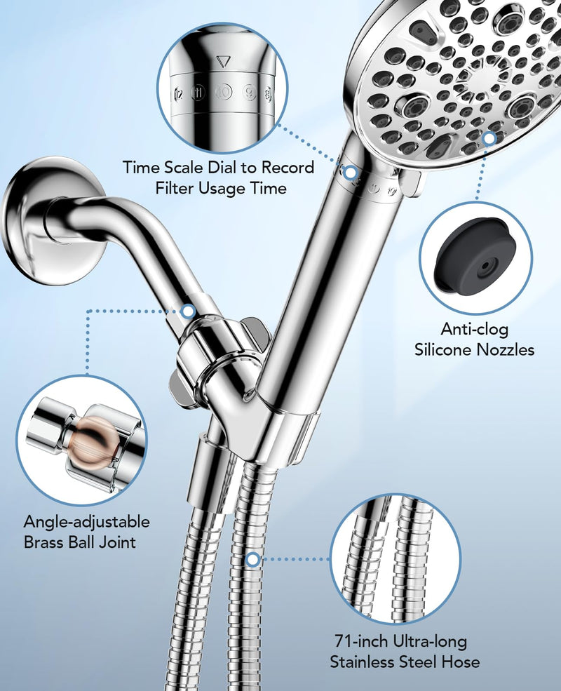 MakeFit Filtered Shower Head with Handheld-10 Modes High Pressure Showerhead with Built-in Power Wash,Long 71-inch Hose & Adjustable Bracket, Water Softener Filter Beads for Hard Water-Remove Chlorine Chrome