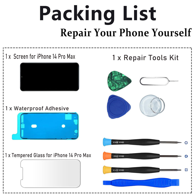 MP+ for iPhone 14 Pro Max Screen Replacement,[Face ID] 3D Touch Screen Display Digitizer Assembly with Waterproof Adhesive Tape and Repair Tools Kit | LCD Touch Digitiser,Face ID Compatible,Haptic Touch,Complete Repair Kit