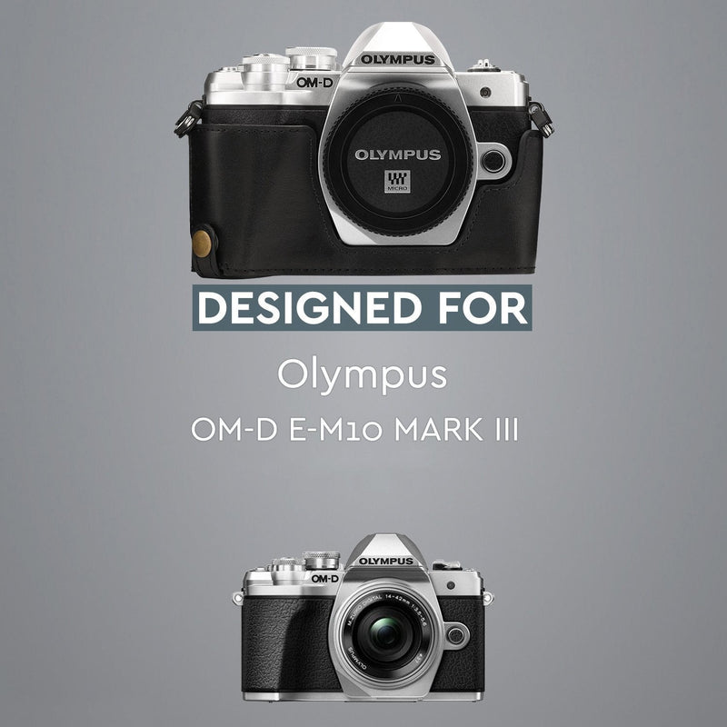 MegaGear MG1350 Ever Ready Leather Camera Half Case compatible with Olympus OM-D E-M10 Mark III - Black