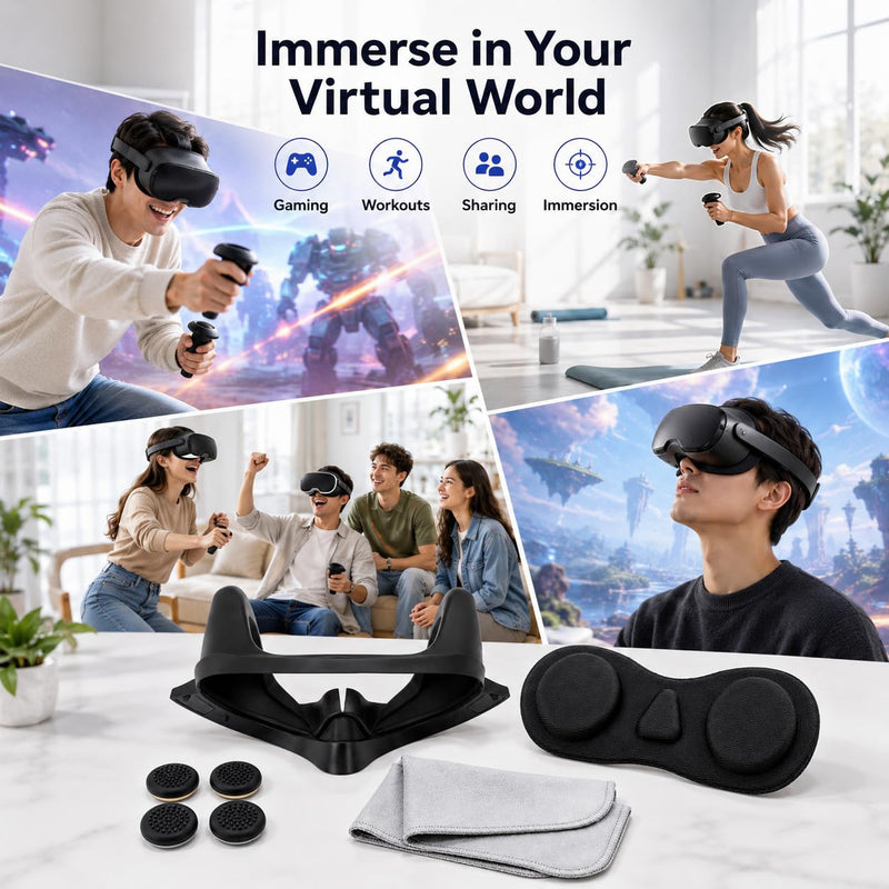 Quest Pro Light Blocker Silicone Facial Interface | Full Light Blocking(VR Accessories Kit with Lens Protective Cover, Thumbstick Caps, Cleaning Cloths)