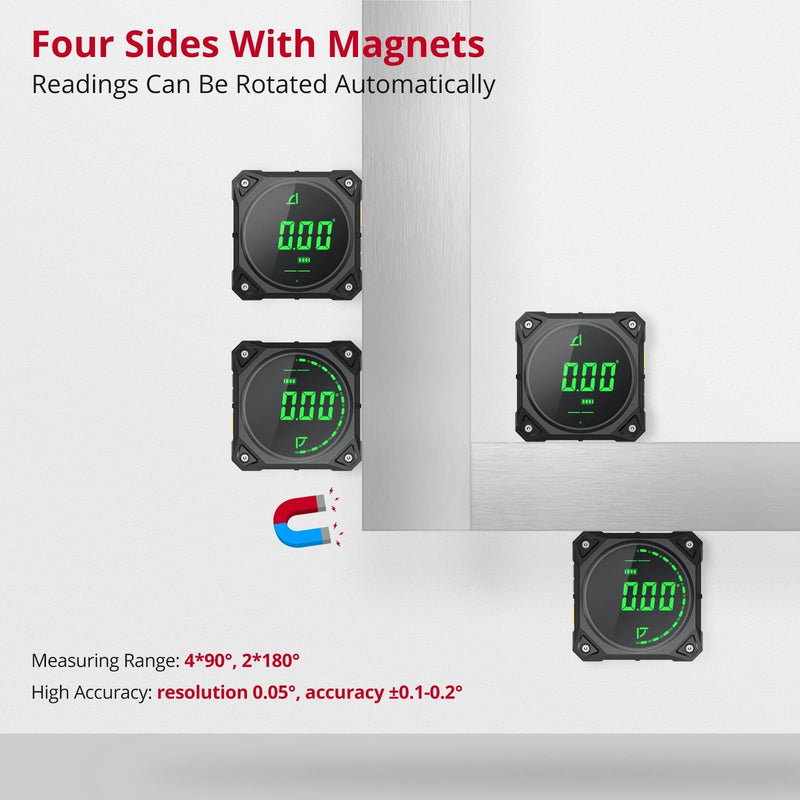 XUNTOP 4-Side Strong Magnetic Digital Angle Finder 4*90°/2*180° Angle Gauge with Electronic Level Bubblel Rechargeable Angle Finder Tool for Hanging Decorations Woodworking Construction DIY Table Saw