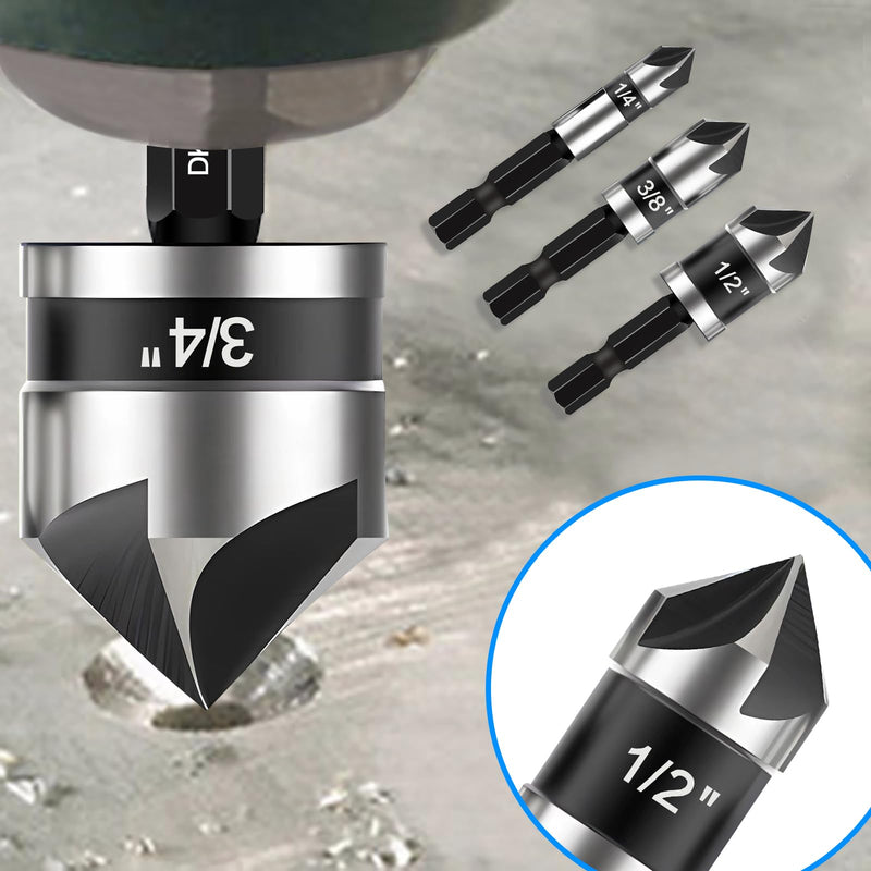 5 Pcs Countersink Drill Bit Set, Industrial Grade M2 High-Speed Steel, 82 Degree, 5 Flute with 1/4” Quick Change Hex Shank, 1/4" to 3/4" Size for Metal, Wood & Plastic - Includes Durable Case 1/4"- 3/4" M2 HSS
