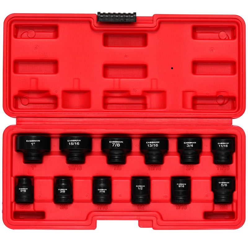 CASOMAN 12PCS 3/8" Drive Stubby Impact Socket Set, Low Profile, 5/16" - 1", SAE, CR-MO, 6-Point, 12 Pieces Shallow Socket Set for Automotive Maintenance, Repairs and DIY, for Tight Areas 3/8"Dr. 12-Piece (5/16" - 1")