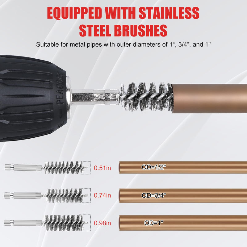 1/2" & 3/4" & 1" Copper Pipe Cleaner for Drill, with 1/4" Hex Shank & 6 Brush Blades & 6 Pipe Cleaning Brushes, Plumbing Tools for Removing Rust, Stains & Paint on Copper & Metal Pipes (Red) 3Pcs-Aluminum Alloy