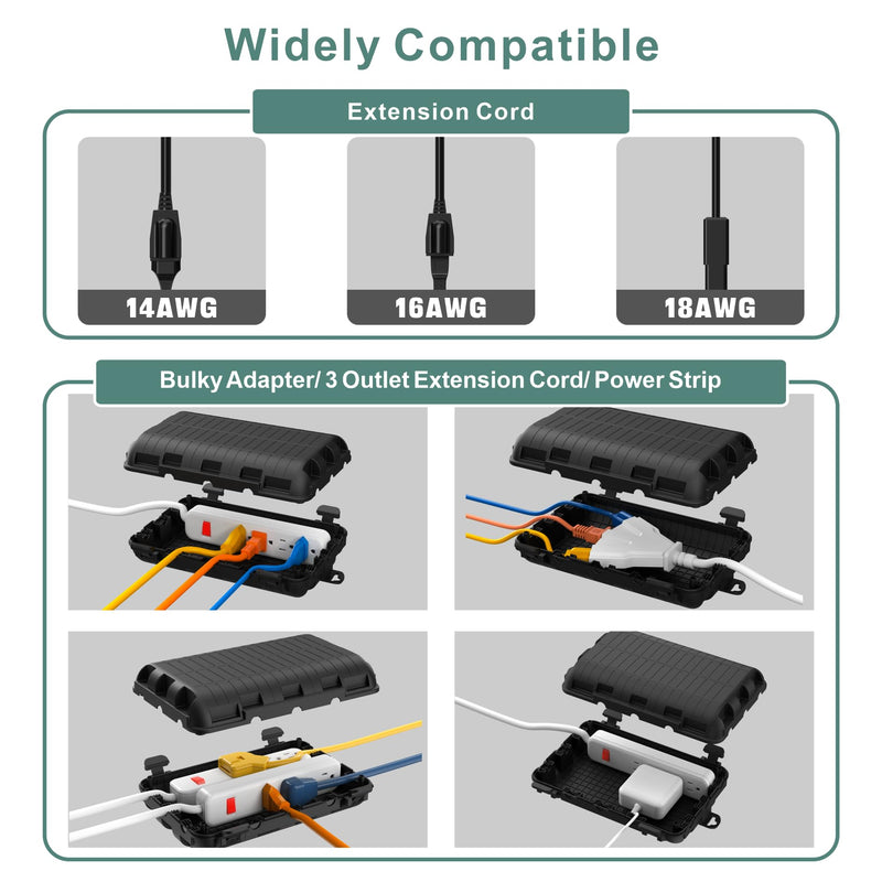 Outdoor Waterproof Electrical Box, 2 Pack Large Extension Cord Cover Protector Plug Connection Cable Safety Box IP54 Water-Resistant for Power Strip, Holiday Light and Decorations, Black 2 Pack Black