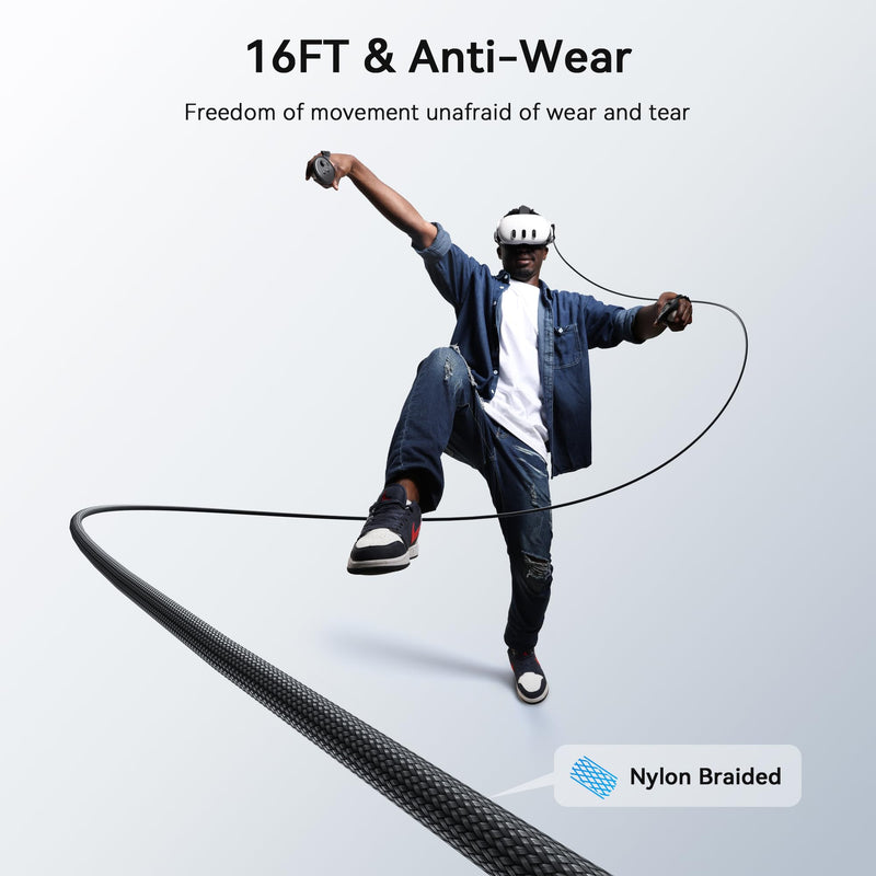 AMVR Link Cable with Charging 16FT Compatible with Meta Quest 3/3S/2/Pico 4 Accessories, Nylon Braided Cable with USB 3.0 A to C Adapter for SteamVR/PCVR, High-Speed Max 5Gbps, Play While Charger