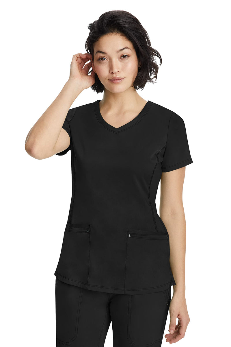 Healing Hands Women's Scrub Top V-Neck with 2 Pockets, 2-Way Stretch, and Yoga Knit Side Panels for Slim Fit- 2245 Medium Black