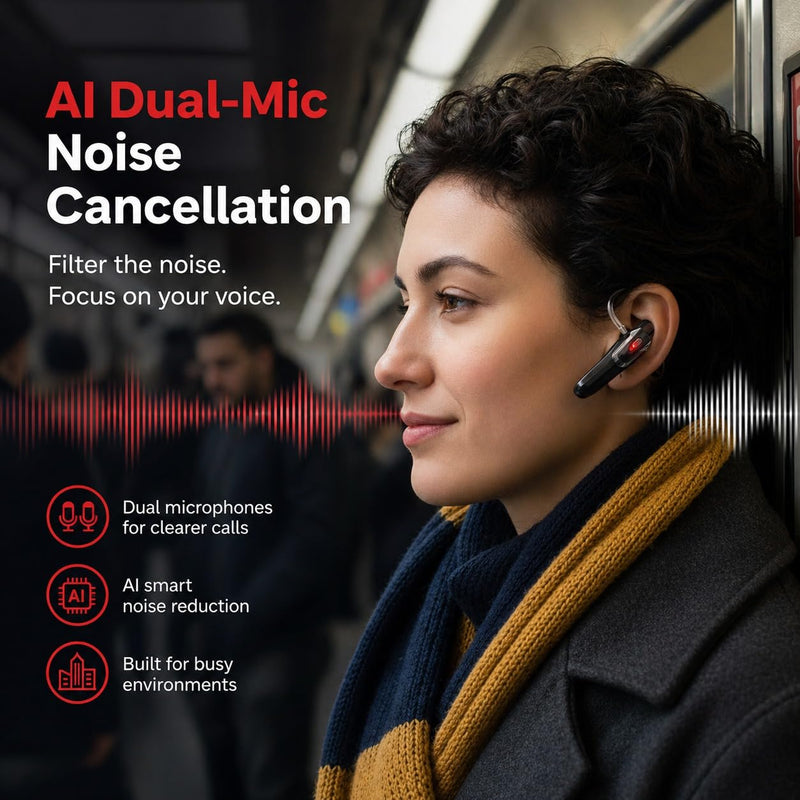 Bluetooth Headset, Bluetooth Earpiece Noise Cancelling Mic, Trucker Headset 38H Talk Time, All-Day Comfort, Quick Mute - Single Ear Bluetooth Headset for Work, Travel, Driving