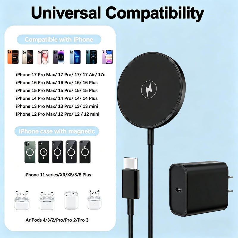 Magnetic Wireless Charger Apple Mag-Safe Charger,[Apple MFi Certified] iPhone Charger Block&15W 3FT Wireless Charging Pad for iPhone 17 Pro Max/17 Pro/17 Air/17/16/15/14/13/12,AirPods Pro 3/2(Black)