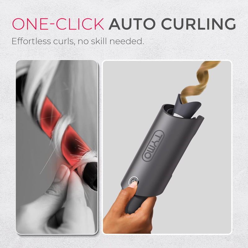 TYMO Hair Curler Automatic Rotating - CURLPRO, Curling Wand, Gray 1 inch | Ceramic Coating, Anti-Scald Curling Iron, Portable 500 Million Ionic, Dual Voltage, Beach Waver, Lightweight for Travel Metallic Gray