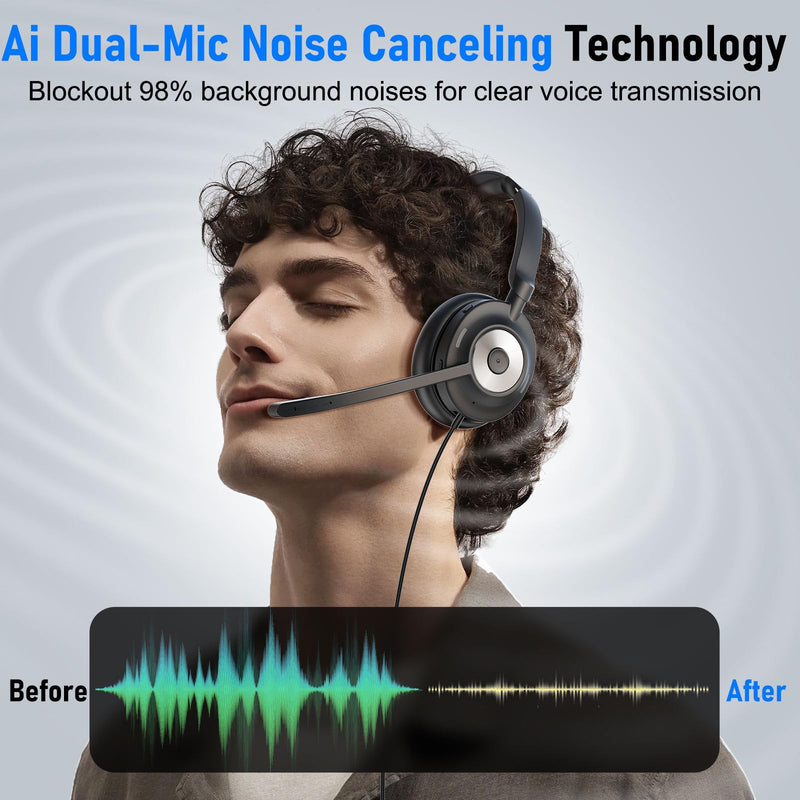 USB Headset with Microphone for PC, Active Noise Cancelling Headphones with ENC Noise Cancelling Mic, Wired Office Computer Headset with Mute for Call Center, Teams, Zoom BNG818