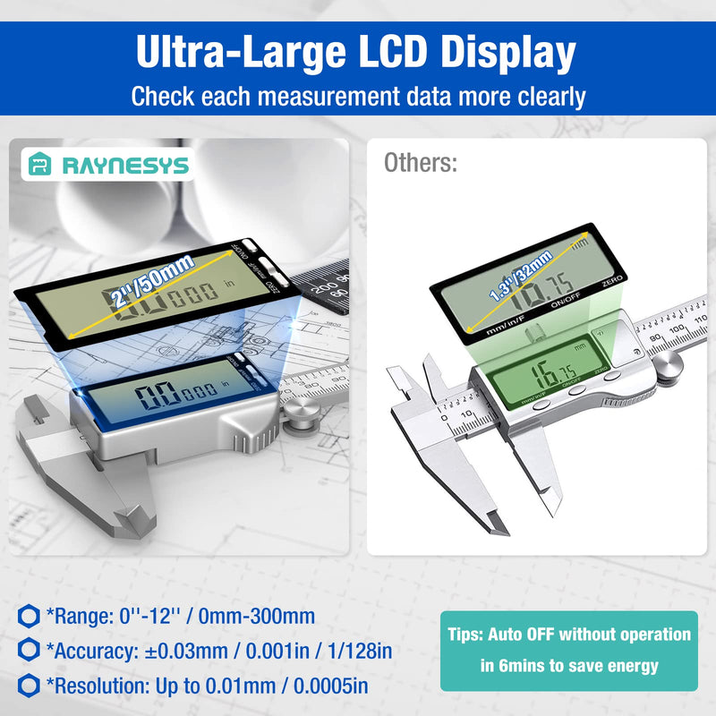 Electronic Digital Caliper 6", Professional Precision Micrometer Calipers, ±0.001"/0.02mm Accuracy, Large LCD Display, Stainless Steel Diameter Measuring for Woodworkers/Jewelers/DIY Projects 6inch