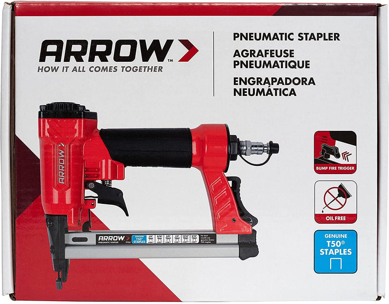 Arrow PT50 Oil-Free Pneumatic Staple Gun, Professional Heavy-Duty Stapler for Wood, Upholstery, Carpet, Wire Fencing, Fits 1/4”, 5/16”, 3/8", 1/2", 9/16” Staples , Red 1 Unit