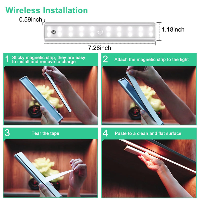 Under Cabinet Lighting Wireless Rechargeable Battery Operated LED Closet Lights Dimmable Under Counter Lights Bar with Remote, RGB Changing Perfect for Kitchen Bedroom Stairs, 4 Packs Remote Control Lights/ 4 Pack