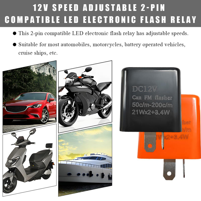 12V Speed Adjustable 2 Pin LED Flasher Relay, Electronic Flasher Relay Replacement Hazard Warn Flasher Relay, 2-Pin Hyper Flash Relay Fix Car Motorcycle LED Turn Signal Light (Black) Black/1PCS
