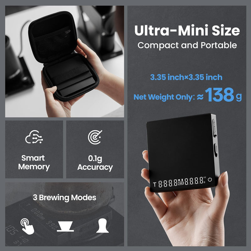 MHW-3BOMBER Super Mini Espresso Scale with Timer, Digital Coffee Scale with Espresso/Pour Over/Manual Mode, Rechargeable Coffee Bean Scale, Portable Scale with a Storage Bag for Outdoor Use,ES5788B Micro-3.35 in