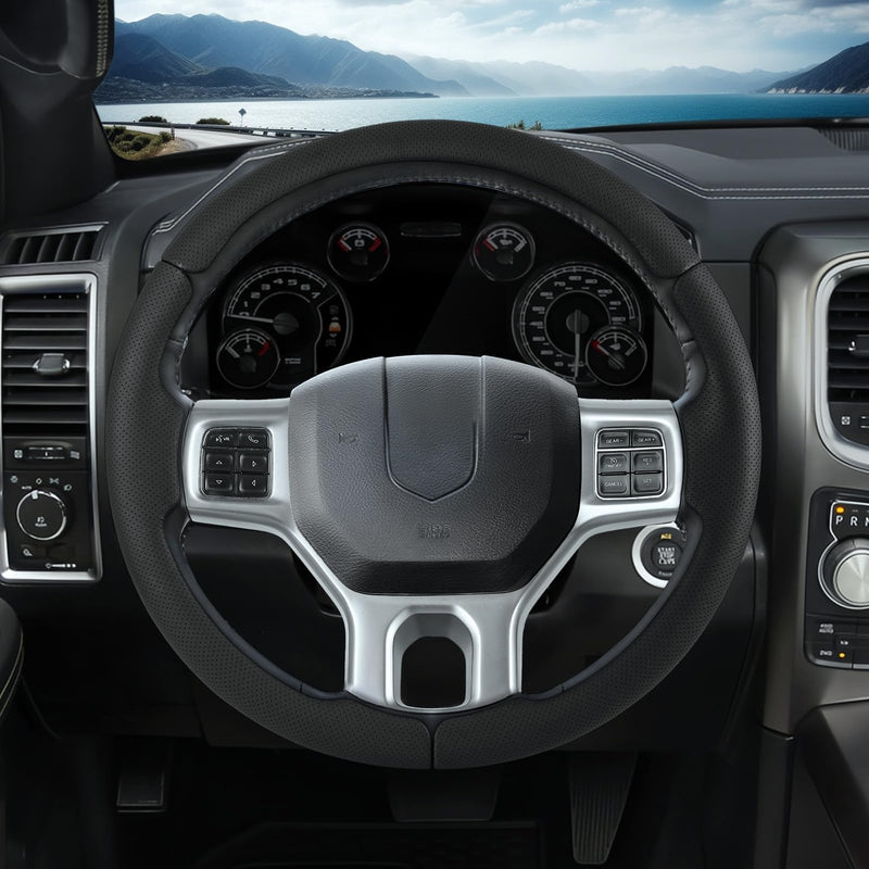 Steering Wheel Cover for Ram 1500, Car Steering Wheel Cover for Dodge Ram 1500 (2012-2018) 1500 Classic(2019-2023) 2500(2012-2018) 3500(2012-2018) 5500(2012-2018), Perforated Black Black Perforated Leather RAM 1500 (2012-2018)
