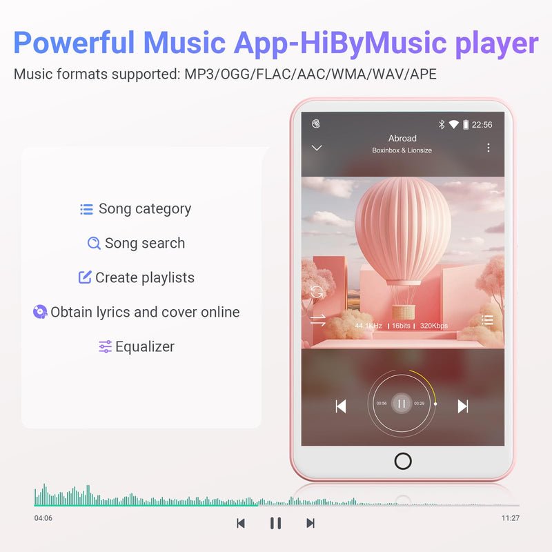 80GB MP3 Player with Bluetooth and WiFi, Oilsky 4.0" IPS Touch Screen MP3 Player with Speaker, Music Player with Spotify, Audible, Amazon Music, MP4 Android Music Player Up to 512GB Pink