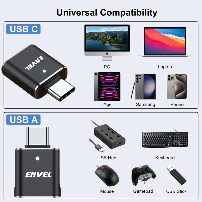 ENVEL USB to USB C Adapter, USB 3.0 5Gbps High Speed Data Transfer, OTG Converter Thunderbolt3 to USB Female Compatible with Apple iWatch iPhone 15 Pro Max iPad Air 4 5 Mini 6 (Black, USB C Male) Black