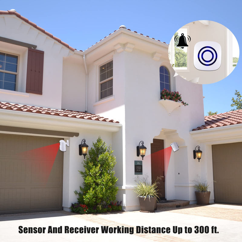 Motion Sensor Alarm, Long Range Wireless Driveway Alarm, Indoor Home Security System Electric Doorbells, 2 Motion Detector and 1 Alarm, 38 Chime Tunes, LED Indicator 1 alarm + 2 detector