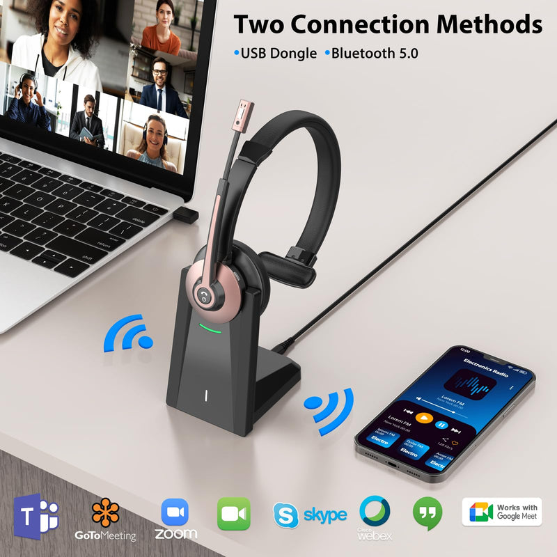 Bluetooth Headset, Wireless Headset with Noise Cancelling Microphone & Mute Function for Work, On Ear Wireless Headphones with USB Dongle & Charging Base for Work from Home Computer Office Call Center Rose Gold