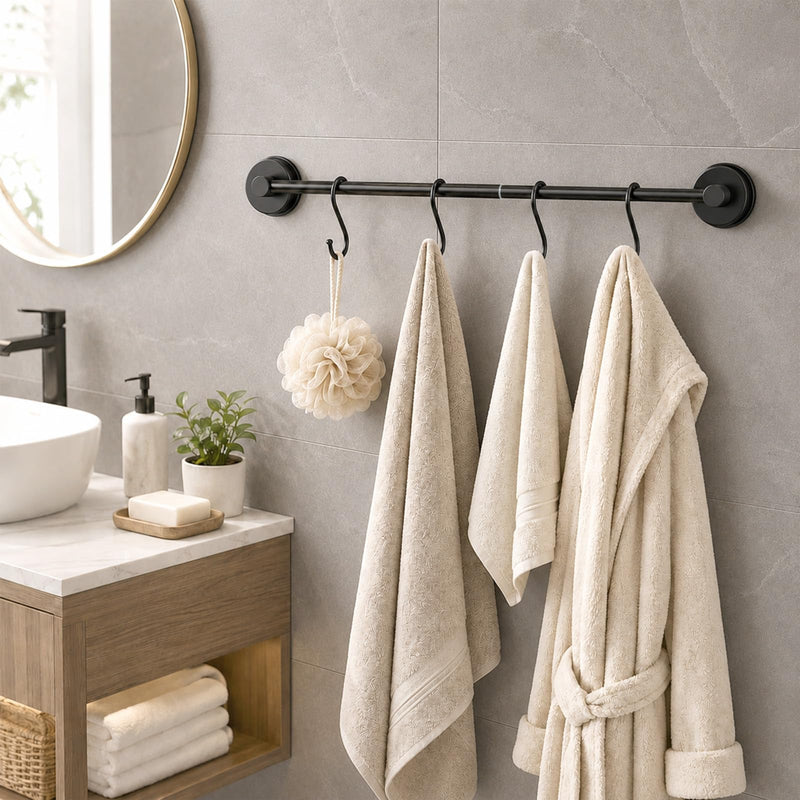 Adjustable Suction Cup Towel Bar – Towel Racks for Bathroom, 13.6-25 Inch, 2 Pack Stainless Steel Bathroom Towel Holder with 8 S Hooks, No Drill for Kitchen, Shower & Smooth Surfaces – Black