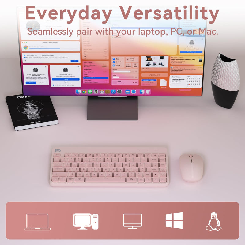 Wireless Keyboard and Mouse Combo, Pink, Quiet Compact Set | Small Portable Travel Set for Laptop PC Mac Tablet Computer, 2.4G Silent Click, Slim Teclado, Plug and Play USB Receiver Dusty Rose