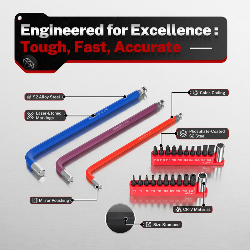 TOMMARS 40-PC Magnetic Ball End Allen Wrenches Set,Color Coded and Extra Long Arm Hex Key Set SAE(1/16''-3/8") Metric(1.5mm-10mm) With Screwdriver Bit Set and Adapter 18-PC Metric & SAE