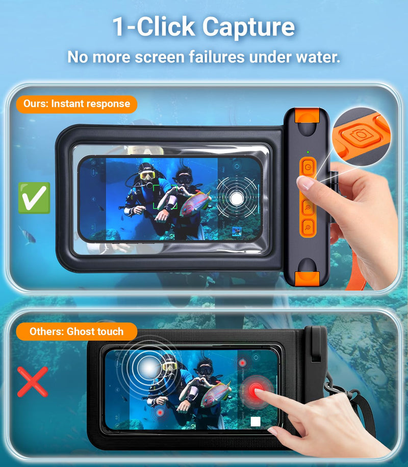 IP68 Bluetooth Shutter Waterproof Phone Pouch Case,Floating,Black | Hands-Free Photo & Video Underwater Control.Large Waterproof Phone Case Universal Fit for 8.5" Phone(iPhone Samsung Google) Black