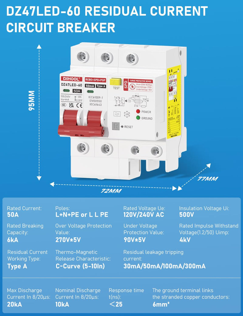 DIHOOL 50 Amp GFCI Breaker for Hot Tub Disconnect, 50A Miniature Circuit Breakers 240V with Panel Surge Protector