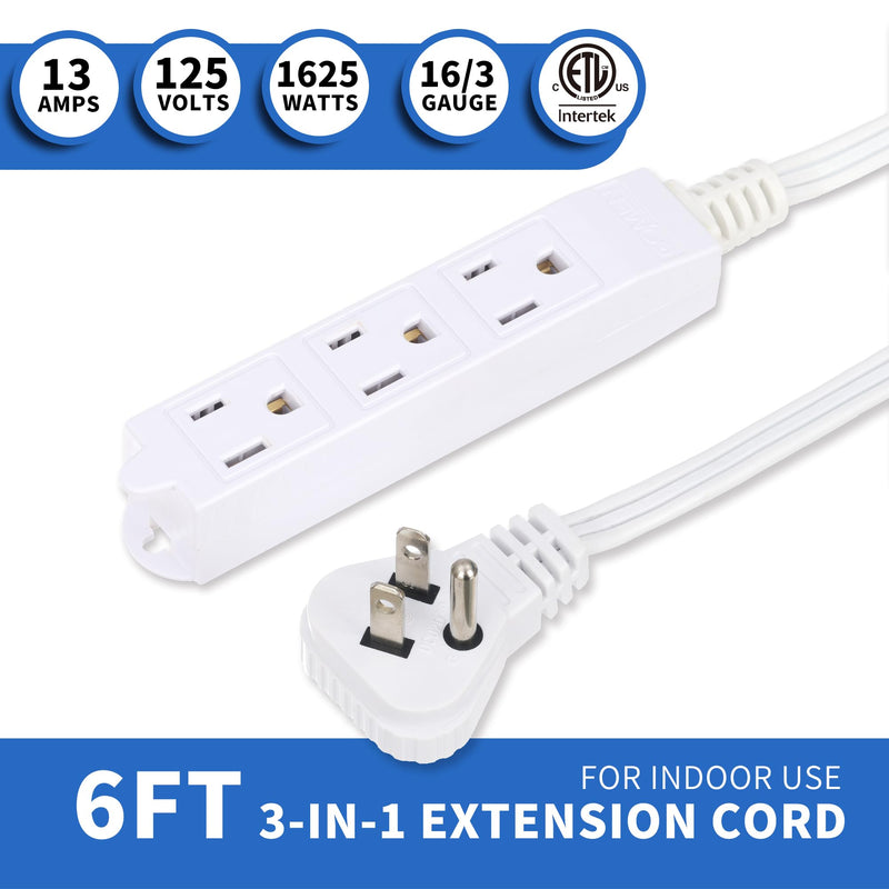 GOMEN 6 Feet Indoor Extension Cord with 3 Outlets, AWG 16/3 Angled Flat Plug Power Strip, 3 Prong Grounded, 13 Amps - 1625 Watts - 125 VAC, White, 4 Pack 6ft, 4 pack Style 1