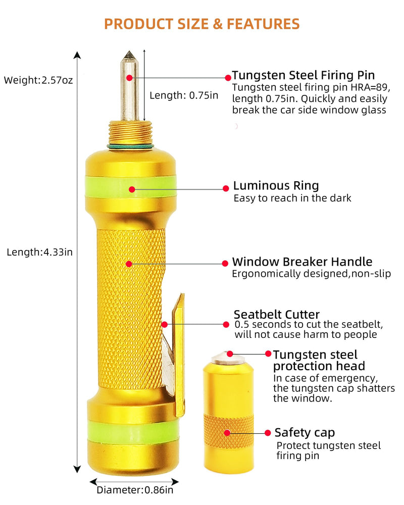 Allelic Window Breaker, Glass Breaker, Window Breaker Seatbelt Cutter, Spring Loaded Window Breaker for Land & Underwater (Gold) Gold