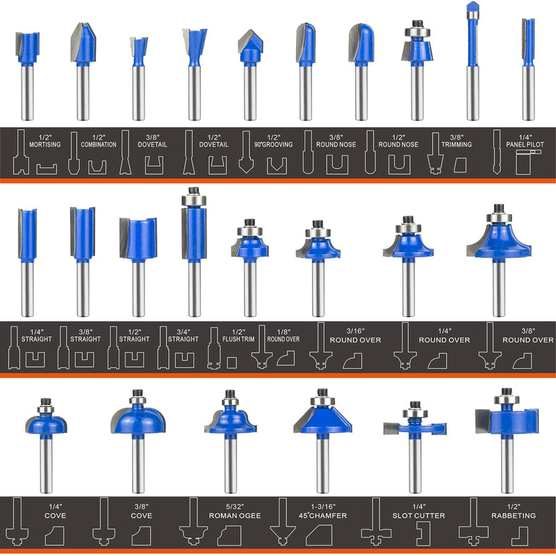 BAIDETS Router Bits Set 1/4 Inch Shank, 24 Pieces 1/4" Router bits Tungsten Carbide Wood Router Bits, Woodwork Tools, for Professional and Beginners Carpenter 24 Pcs, 1/4" Shank