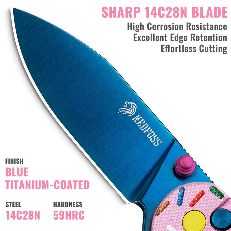 NedFoss DONUT Pink Pocket Knife for Women Men, 2.9" Blade Small EDC Knife, 14C28N Steel Button Lock Knife, Unique Donut Design G10 Handle Folding Knives DONUT_PINK