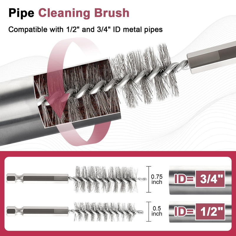 Copper Pipe Cleaner for Drill, Plumbing Tools Set 1/2" & 3/4" with 1/4" Hex Shank & 6 Brush Blades & 2 Pipe Brush, for Removing Rust, Stains & Paint from Copper & Metal Pipes, Red, Metal Cleaning Kit 1/2" & 3/4"