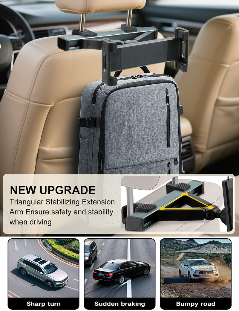 YUGUANG Tablet Holder for Car, Triangle Extension Arm Anti-Shake 360° Rotation Road Trip Essentials Back Seat Headrest Tablet Car Mount Compatible with iPad Pro, Air, Mini, 4.7-11" Devices