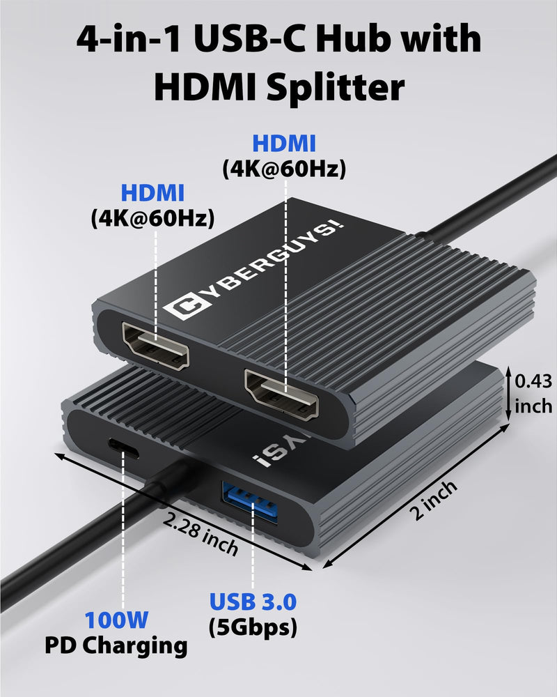 Cyberguys USB-C to HDMI Splitter for Dual Monitors | 4-in-1 Type C Hub with HDMI Splitter 1 In/2 Out Extended Display 4K@60Hz