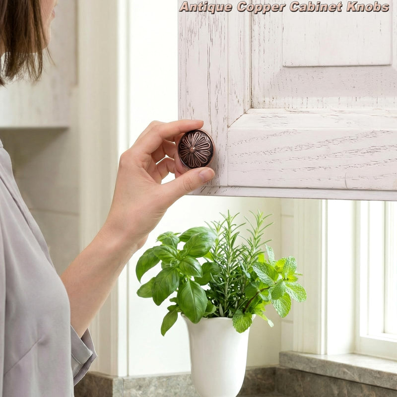 Antique Copper Kitchen Cabinet Knobs Vintage - 16 Pack Solid Zinc Alloy Single Knobs - 1.4” Round Vintage Copper Knobs for Cabinets and Dresser Drawers, Rustic Farmhouse Bathroom Cabinet Knobs Antique Copper