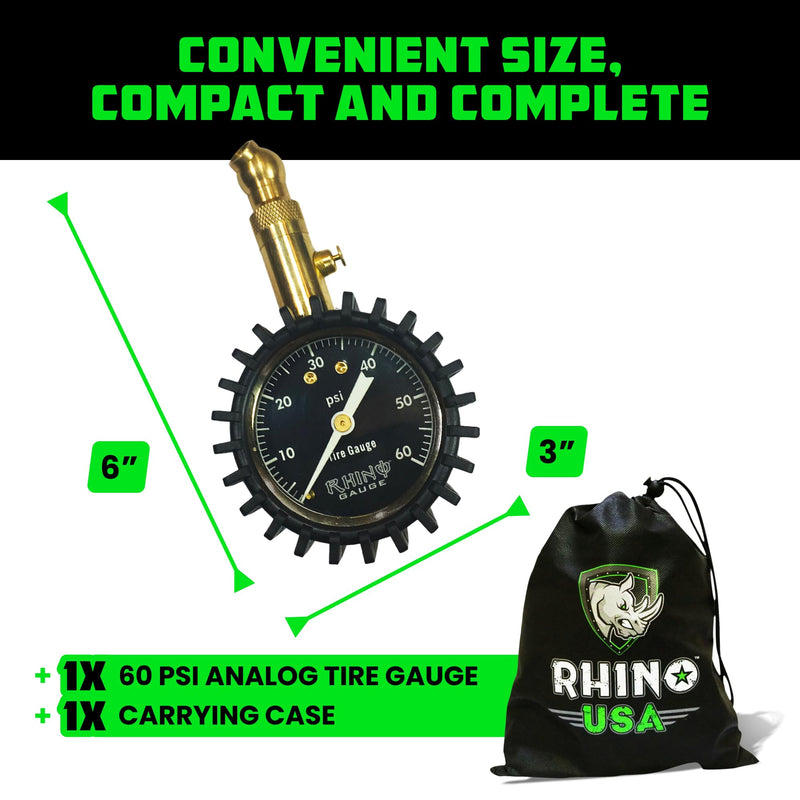Rhino USA Heavy Duty Tire Pressure Gauge (0-60 PSI) - Certified ANSI B40.1 Accurate, Large 2" Easy Read Glow Dial, 360 Swivel Head, Solid Brass Hardware, Best for Any Car, Truck, Motorcycle, RV 60 PSI Compact