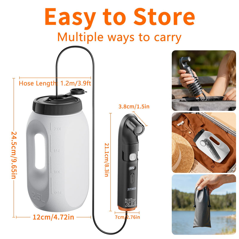 Portable Bidet & Shower for Travel, JUTIMER 2.5L&1600mAh Rechargeable Camping Shower, 2 Showerheads Bidet Sprayer, 2 Modes Waterproof Handheld Bidet, Outdoor Shower Kit for Hiking, Travel Black