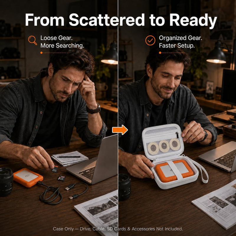 Hard Drive Case for LaCie Rugged Mini USB-C 1TB-5TB,Cable Storage White | Secure Elastic Hold-down,Divided Cable Storage and Wrist Strap for Photographers,Creators,Office and Travel,Case Only