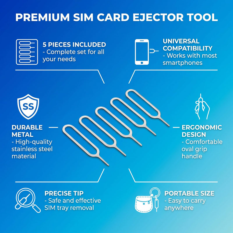 5Pcs SIM Card Ejector Pins, Removal Tool Opener for Most Smartphones | Metal pins, sturdy and rust-resistant, Slim design fits all SIM trays, Great as backup for travel