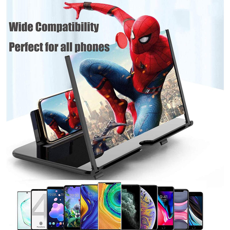 12" Cell Phone Screen Magnifier,3D HD Mobile Phone Magnifier Projector Screen for Movies, Videos, and Gaming–Universal Foldable Phone Stand with Screen Amplifier–Supports All Smartphones (Black, 12") Black 12"