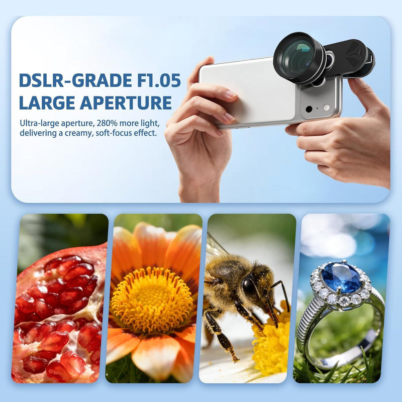 90mm Macro Lens for Smartphone, 10X Phone Lens for iPhone & Android | Clip-on Macro Lens Kit, F1.05 Aperture, 90mm Working Distance, 6-Element Glass, AR+AF Coating, Aluminum Housing Blue