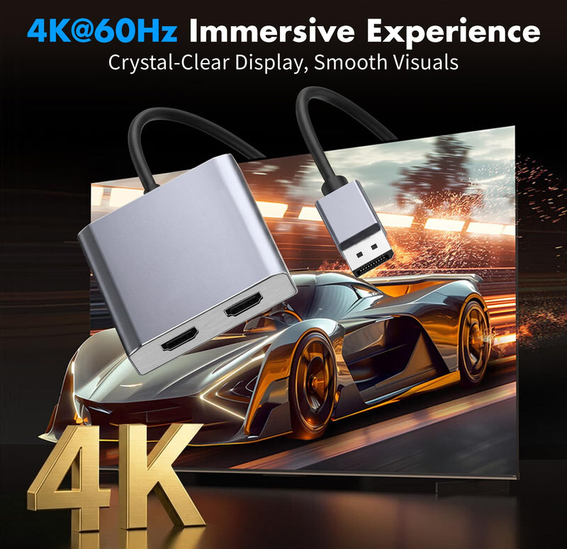DisplayPort to Dual HDMI Adapter 1 in 2 Out, 4K@60Hz DP to HDMI Splitter for Dual Monitors, Extended Display MST Hub for Windows PC, NVIDIA/AMD Graphics Card [Mac OS Mirror Only]