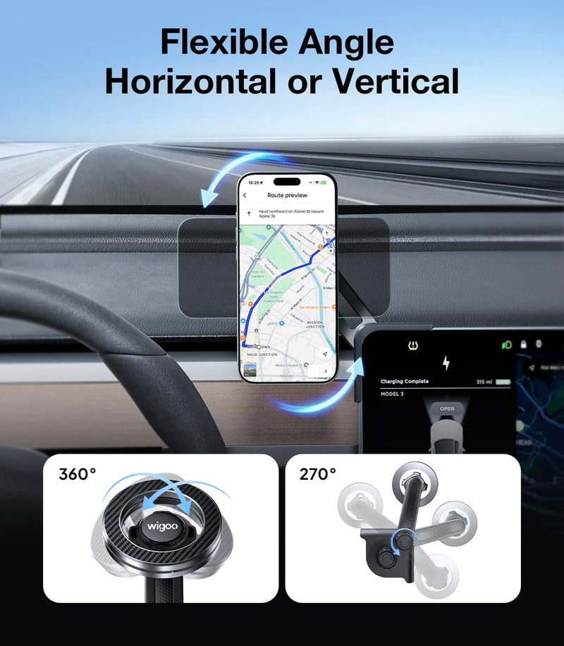 for Tesla Model 3/Y/YL Accessories Magnet Phone Mount, Clamp(No Glue) | Strongest Magnet, No View Blocking, No Glue, Screen Side Holder, Provide Magnetic Ring for MagSafe iPhone 17-12 & Android