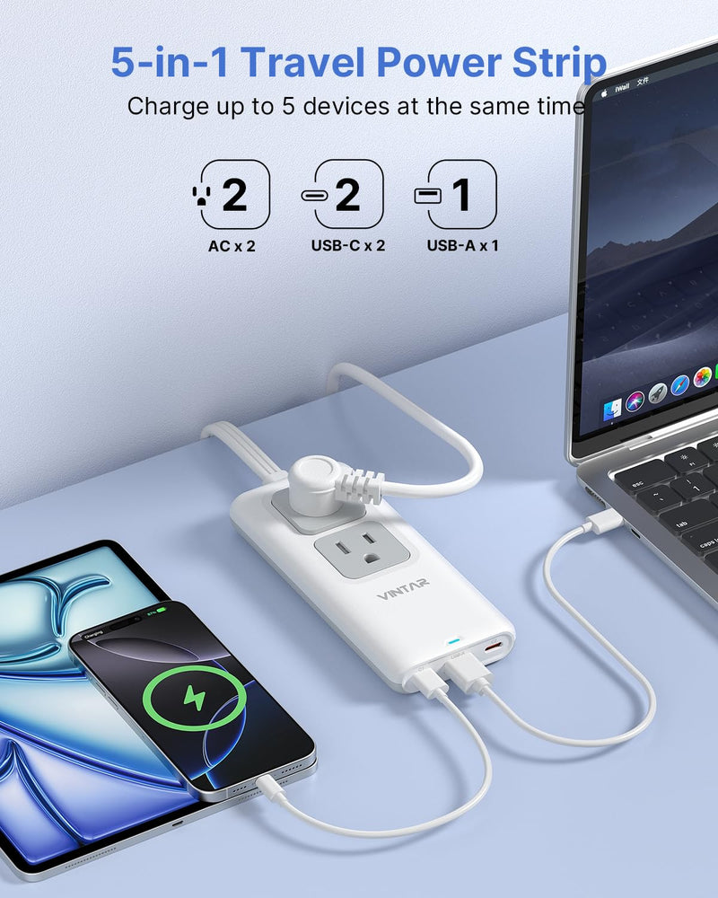 VINTAR 5FT Cruise Approved Travel Power Strip with 3 USB Ports(2 USB C) | Non Surge Protector, 45° Flat Plug Extension Cord, 2 Pop Up Outlets, Home Hotel Travel Cruise Ship Essentials