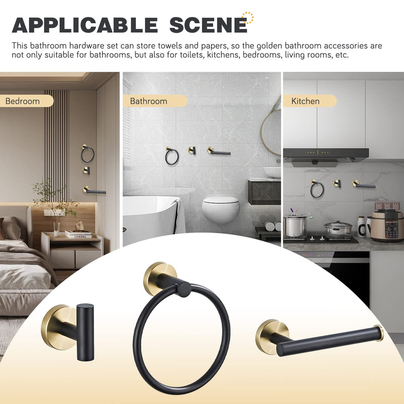 Bathroom Hardware Set 3 Piece Black&Gold Wall Mounted Stainless Steel Hardware Towel Bar Set Gold Bathroom Accessories Towel Rack Set Kit Includes Hand Towel Ring, Toilet Paper Holder, Robe Hook 3-piece Style 1