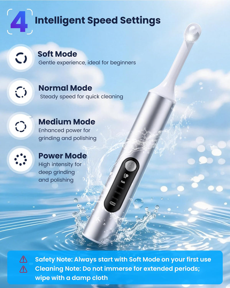 Tooth Polisher, Electric Rechargeable Teeth Polishing Kit with LED Auxiliary Light, 6 Brush Heads & 5 Polish Paste, 4 Modes, IPX6 Waterproof, Easy to Use Tooth Polishing Tool for Home（Sliver） Sliver
